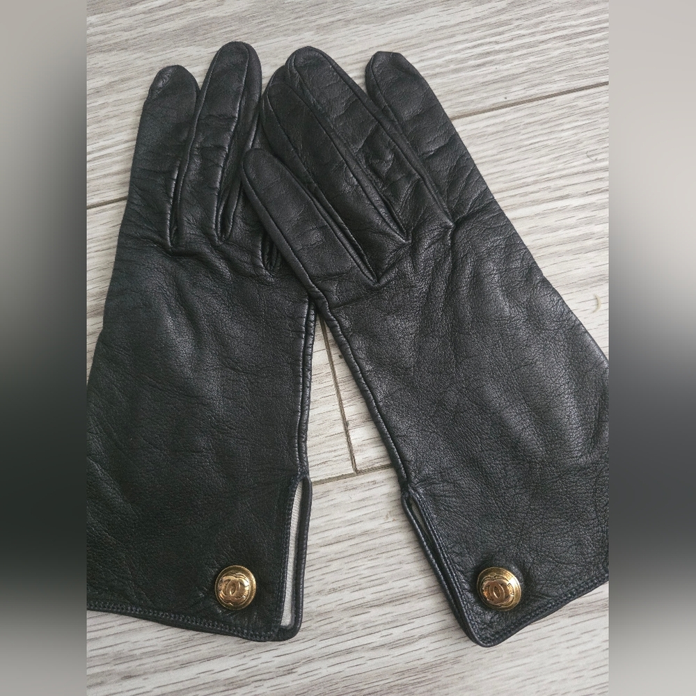 CHANEL Black Gloves with Gold Buttons Accents